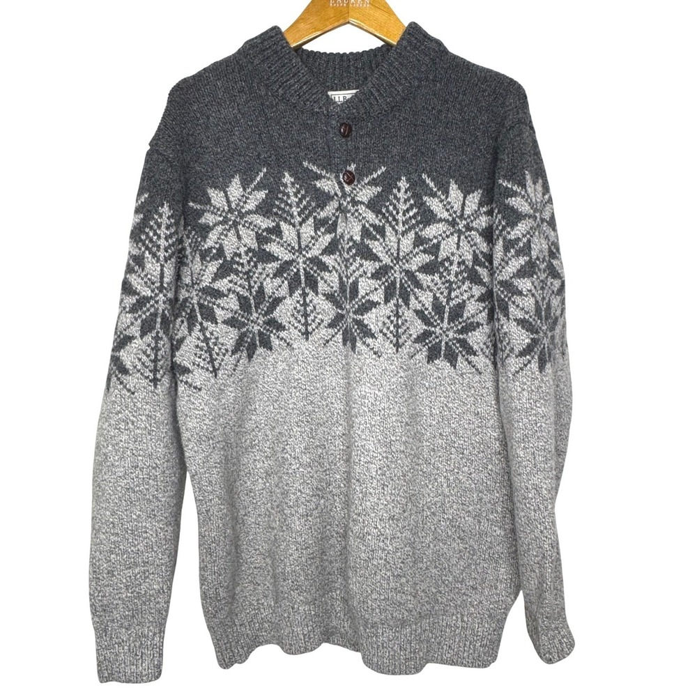 L.L. Bean Lambswool Henley‎ Snowflake Sweater Mens XXL Tall Gray